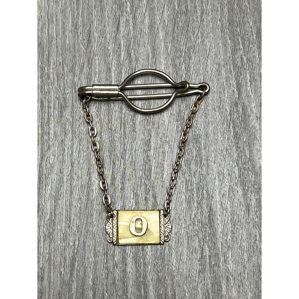 Vintage Silver Tone Mother of Pearl Initial O Chain Tie Clip Art Deco Monogram